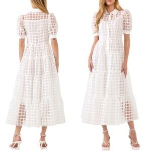 English Factory Dreamy White Gauze Windowpane Midi Shirt Dress Size Medium